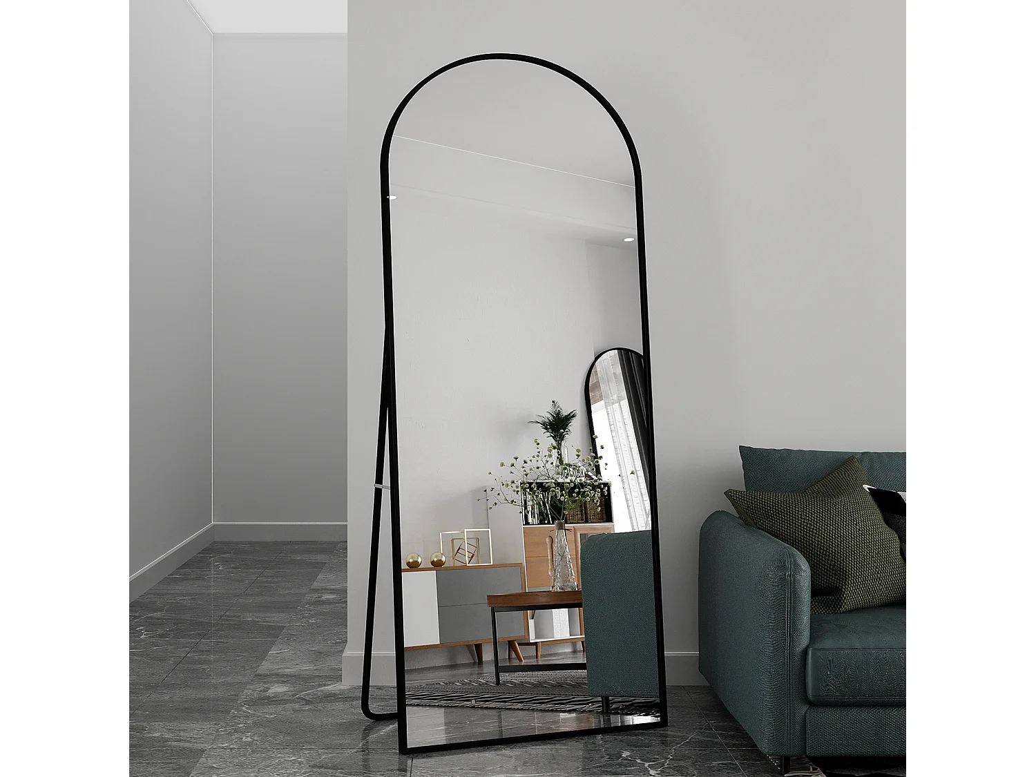Lustro ścienne i stojące 180×80 cm owalne czarne z aluminiową ramą nowoczesny design 4923185