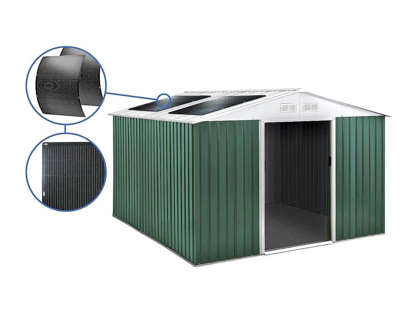 Domek ogrodowy metalowy "Rosas" 10,85 m² z panelami słonecznymi - Zielony 3911486 - obrazek 1