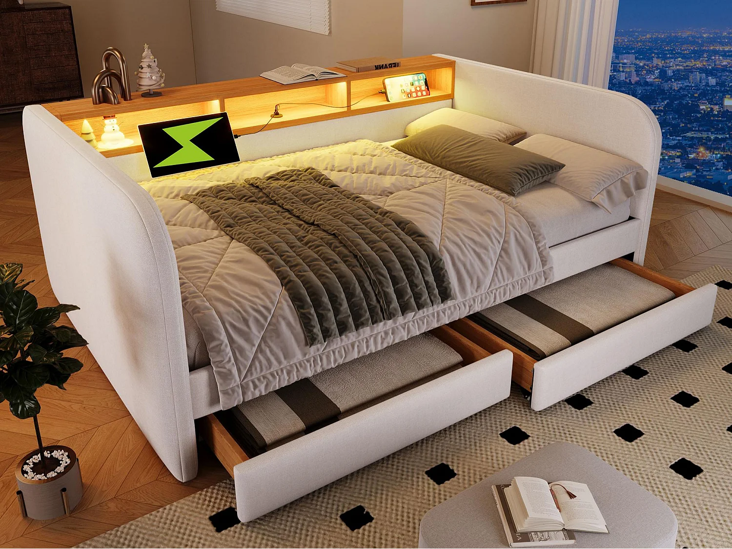 Leżanka z 2 szufladami – tkanina lniana – 140×190 cm – z diodą LED i funkcją ładowania – beż 3769311