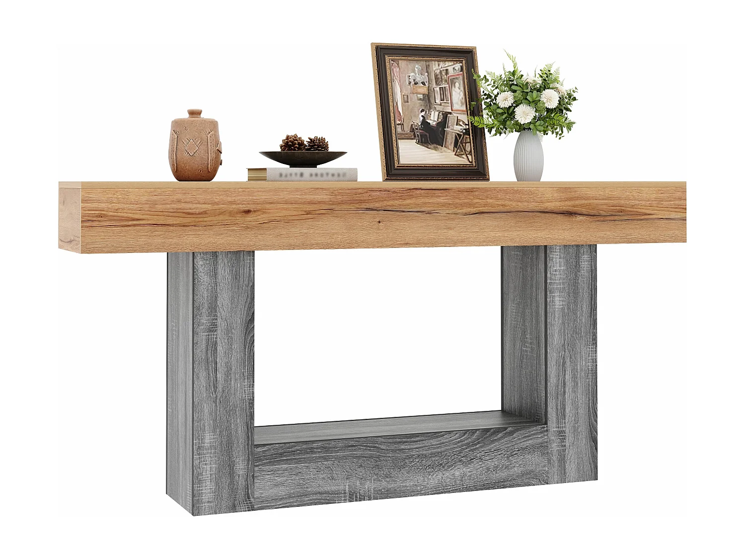 Dwukolorowy stolik konsolowy z efektem drewna - 160 x 30 x 82,5 cm - do przedpokoju/salonu - z dolną półką - płyta wiórowa - naturalny 4924258 - obrazek 1