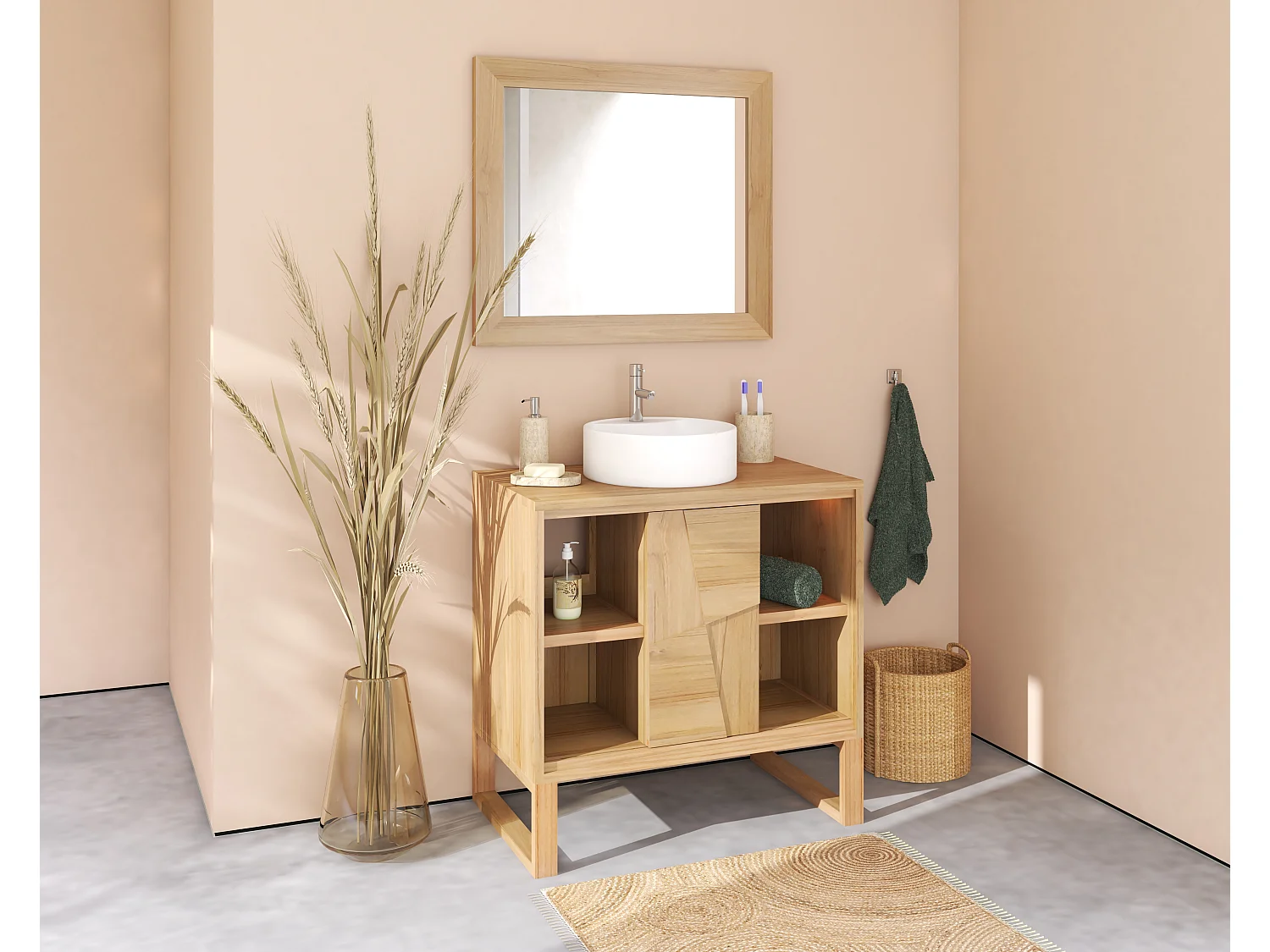 Szafka łazienkowa na nóżkach z drewna tekowego z okrągłą umywalką nablatową ceramiczną – szer. 80 cm – MATARAM 4919757