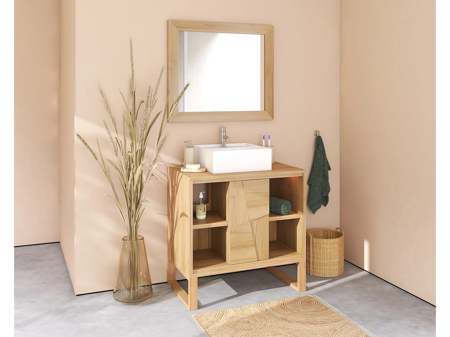 Szafka łazienkowa na nóżkach z drewna tekowego z kwadratową umywalką nablatową ceramiczną – szer. 80 cm – MATARAM 4919758