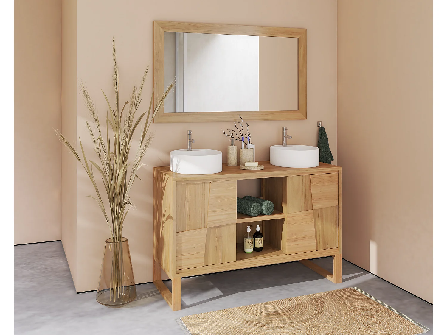 Szafka łazienkowa na nóżkach z drewna tekowego z okrągłą umywalką nablatową ceramiczną – szer.120 cm – MATARAM 4919796