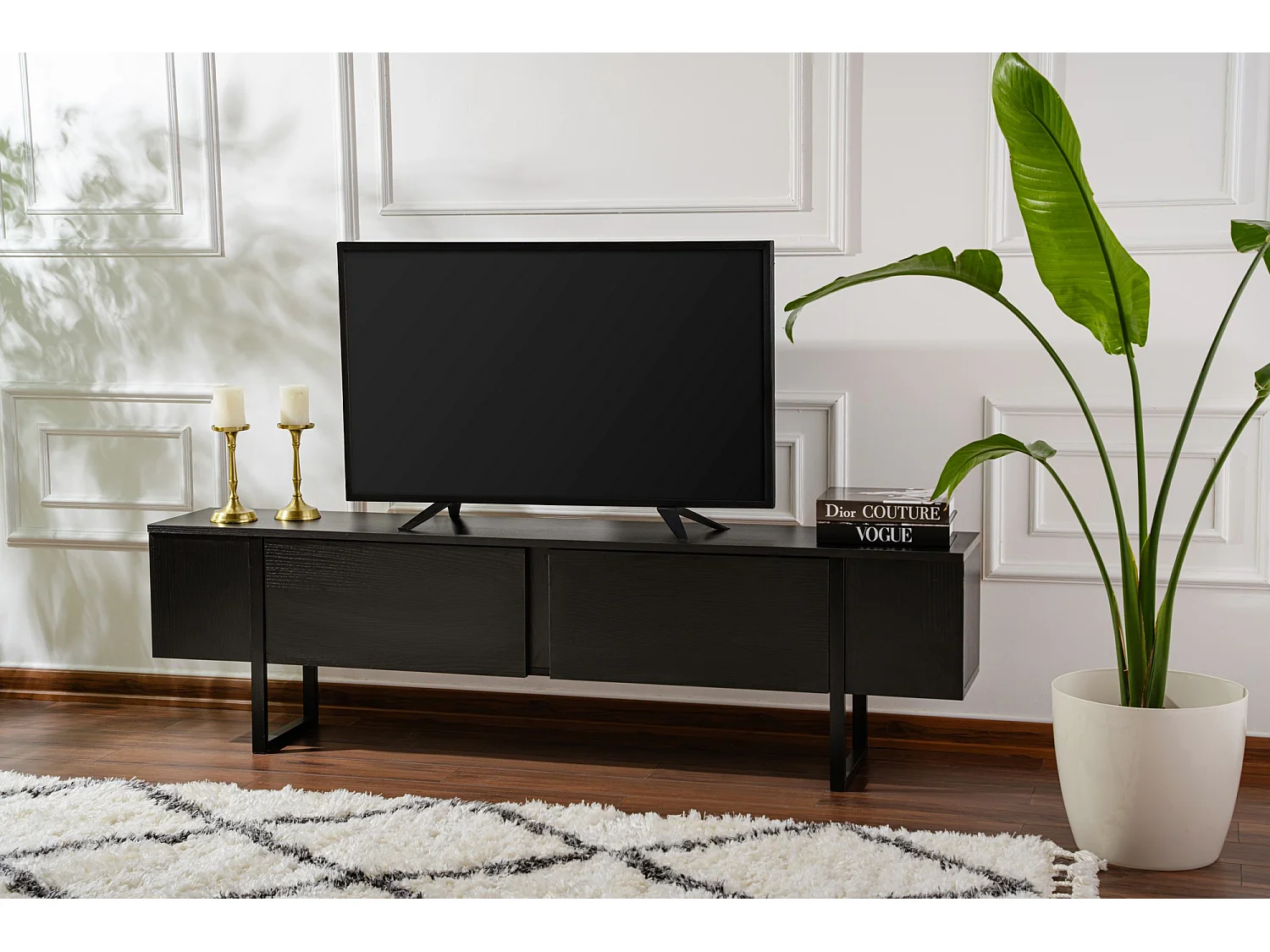 Stolik TV „Serenity” z drewna – 180 x 29 x 50 cm – Czarny, 2 Drzwi 4887761