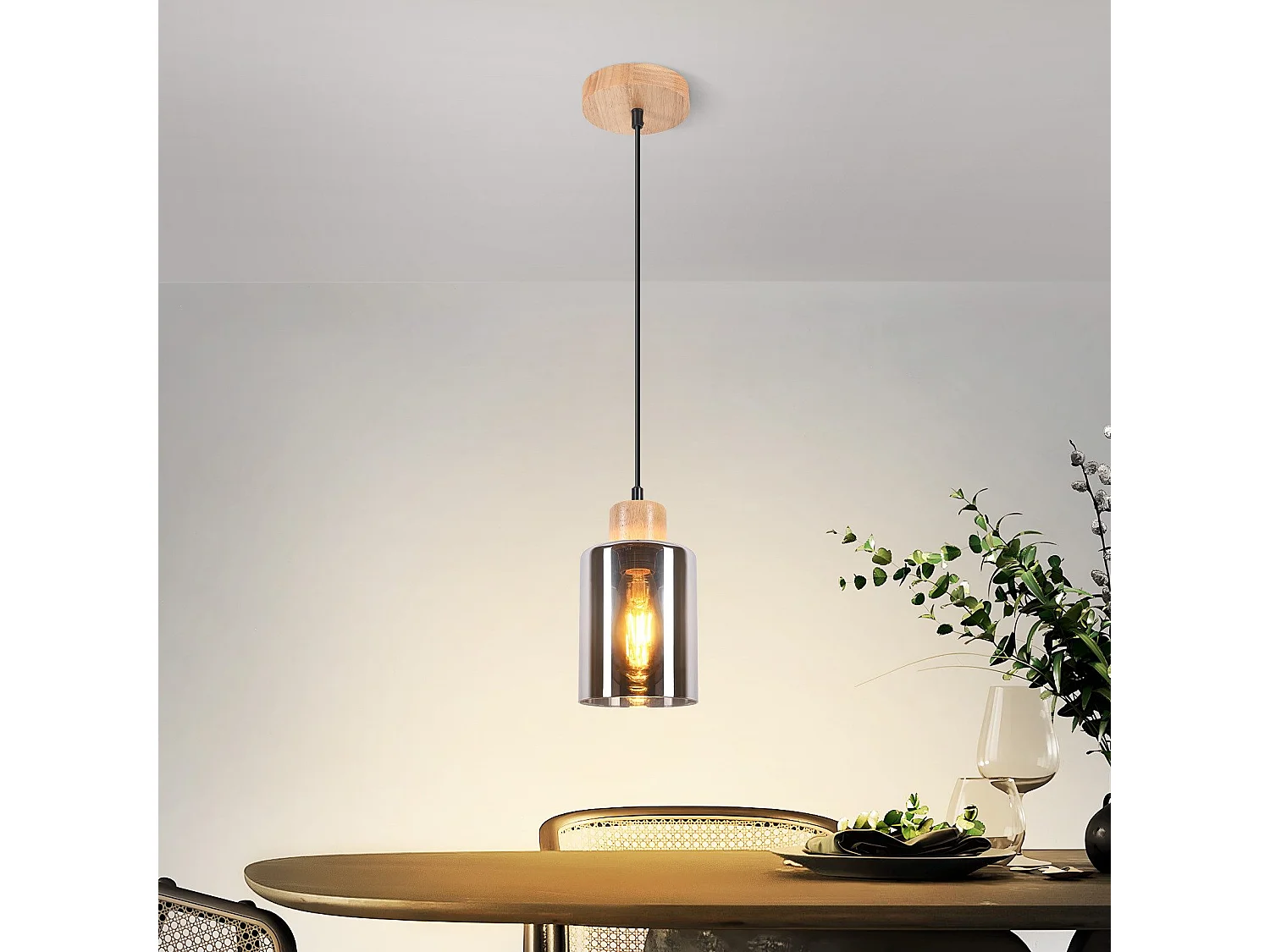 Drewniana lampa wisząca NETTLIFE, lampa wisząca E27, lampa stołowa ze szkła w stylu vintage 4361543 - obrazek 1