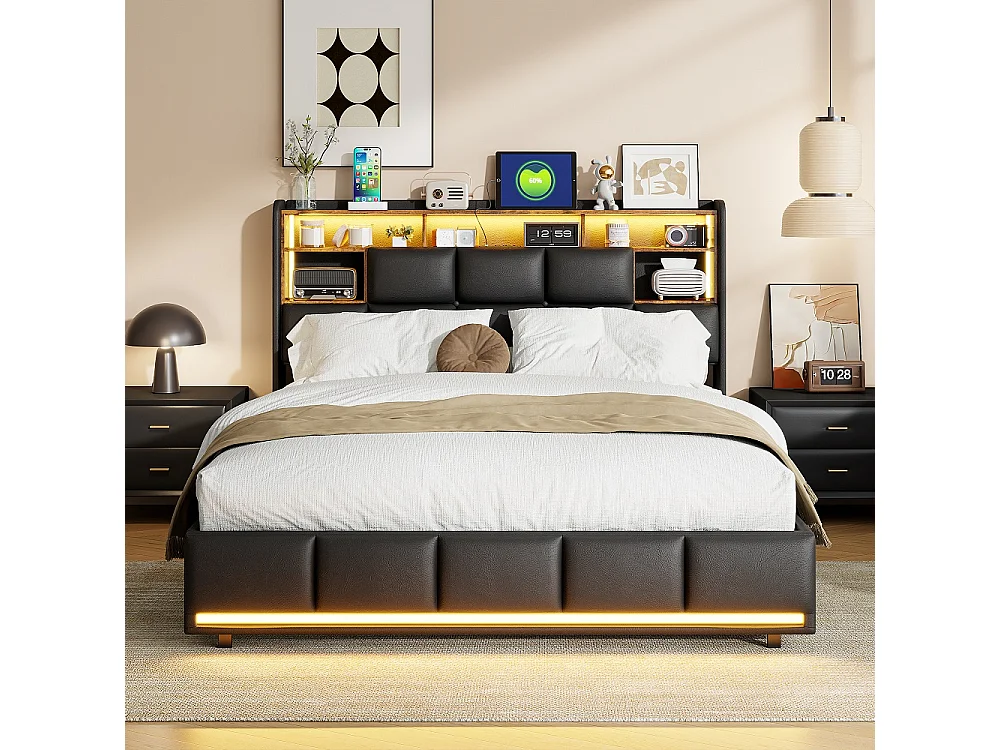 Łóżko z hydraulicznym pojemnikiem LED 160x200 cm czarne z ekoskóry PU z portami USB i stelażem z listew 4931490 - obrazek 1