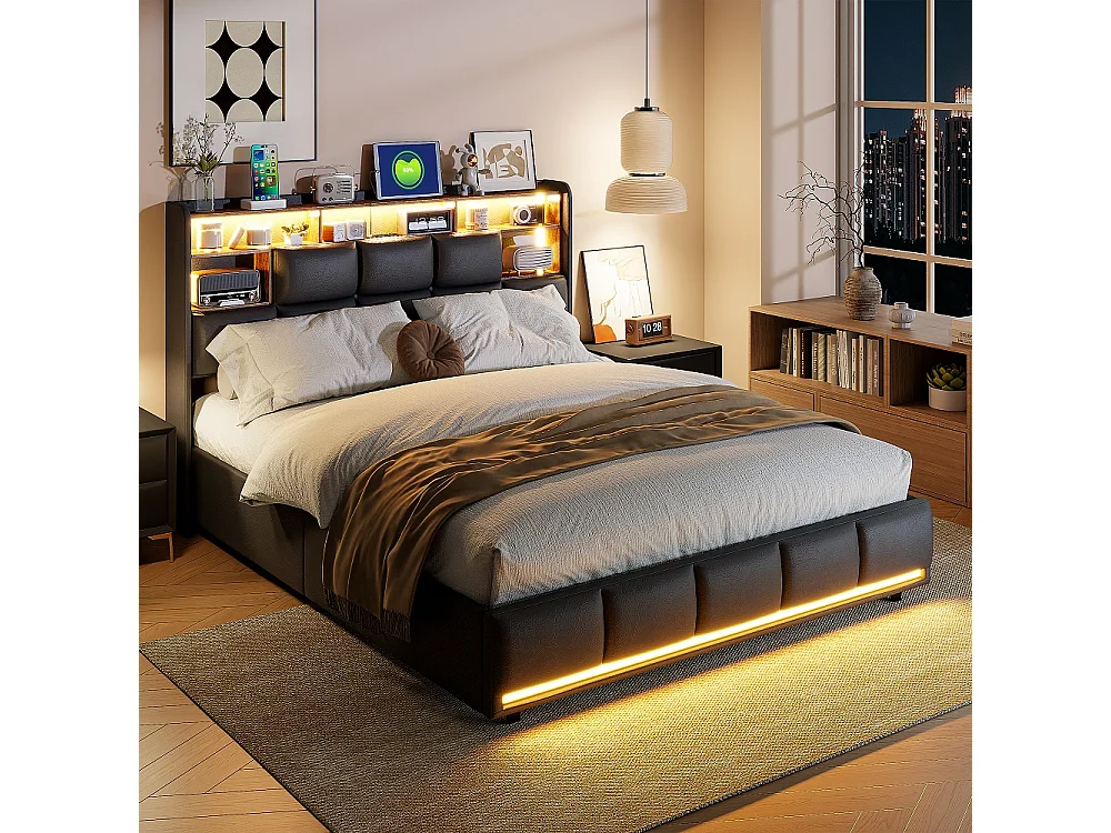 Łóżko z pojemnikiem hydraulicznym LED 140x200 cm czarne z ekoskóry PU z portami USB i stelażem z listew 4931495 - obrazek 1