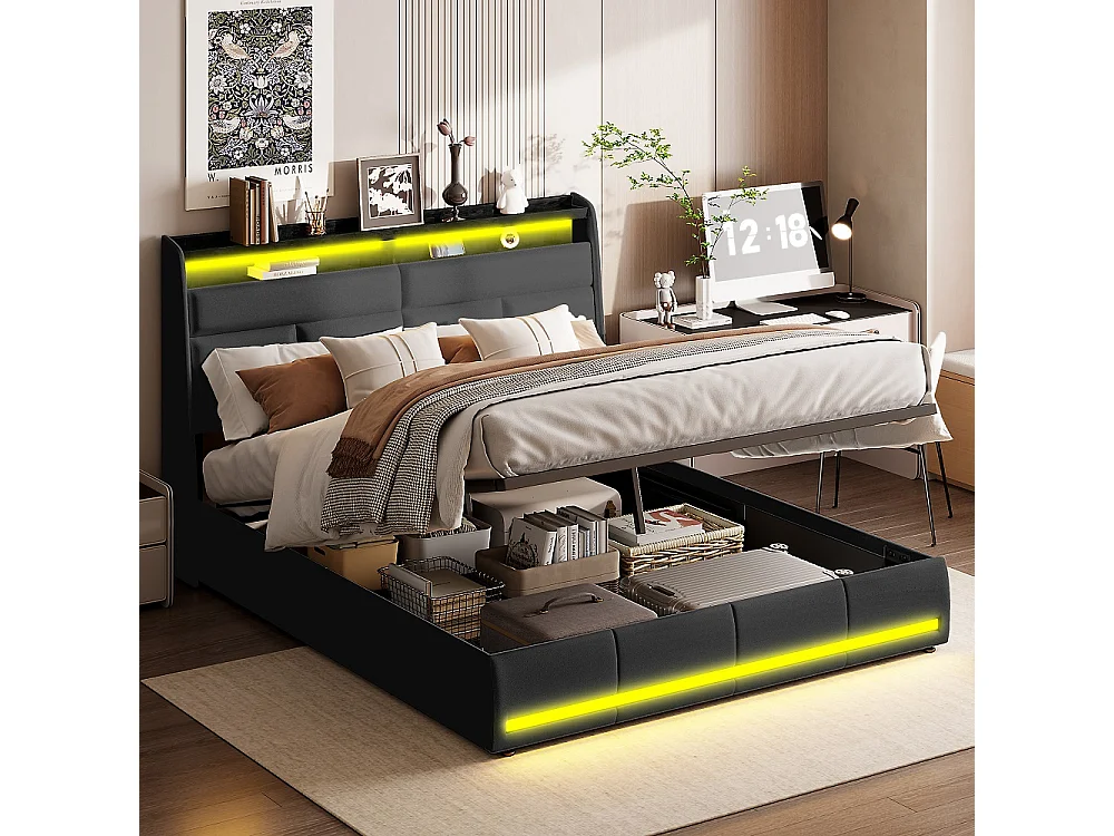 Łóżko z pojemnikiem 160x200 cm czarne PU z wielokolorowym LED, schowek w zagłówku i pod łóżkiem, styl nowoczesny bez materaca 4931501 - obrazek 1