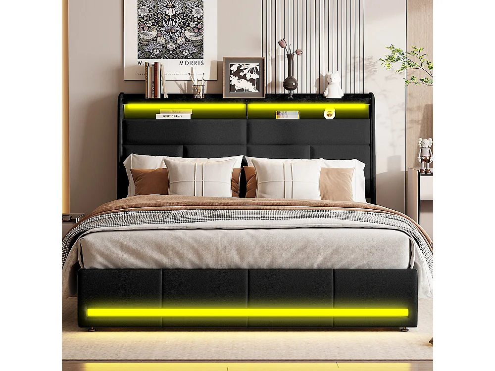 Łóżko z pojemnikiem 140x200 cm czarne PU z oświetleniem LED na zagłówku i podnóżku, wbudowany schowek, nowoczesny design, bez materaca 4931503 - obrazek 1