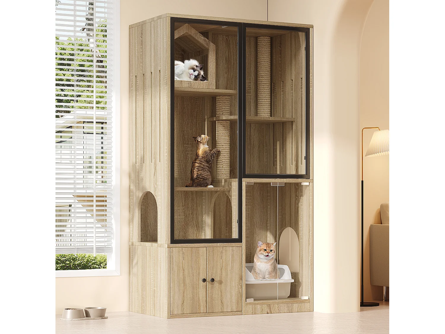 Duży domek dla kota 90x50x160cm – z drapakiem – 4 drzwi – jasny naturalny​ (bez kuwety) 4932047