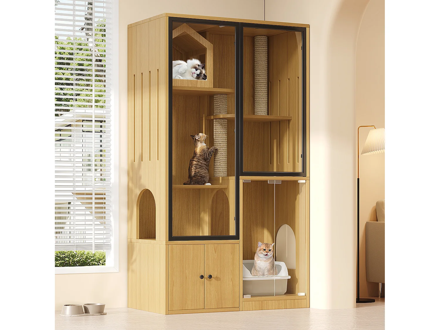 Duży domek dla kota 90x50x160cm – z drapakiem – 4 drzwi – naturalny​ (bez kuwety) 4932057