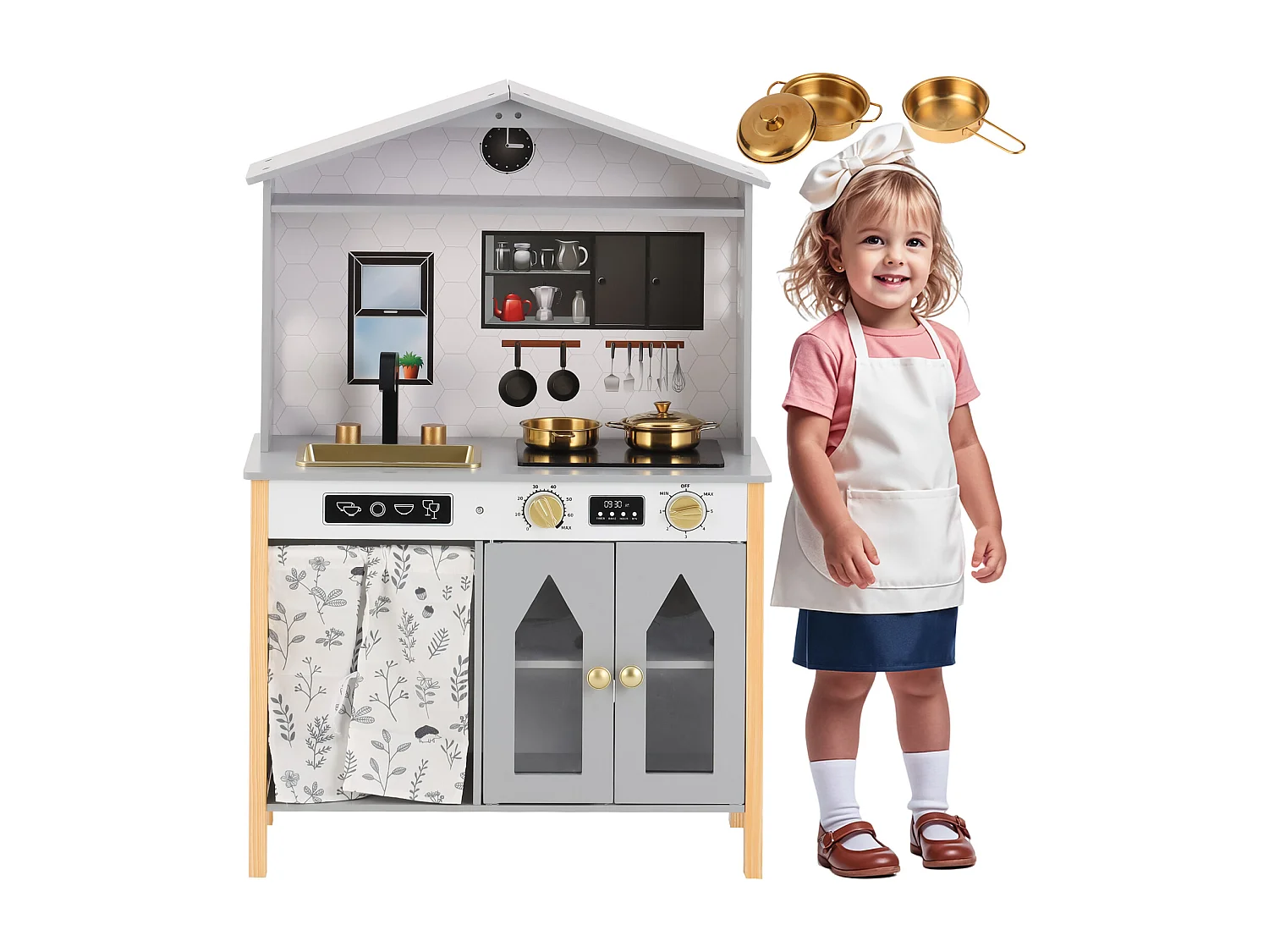 Drewniana kuchnia dla dzieci 60×28,5x92cm – w pełni wyposażona kuchnia – Zabawka do zabaw w udawanie dla 3 lat+ (Szary) 4932183