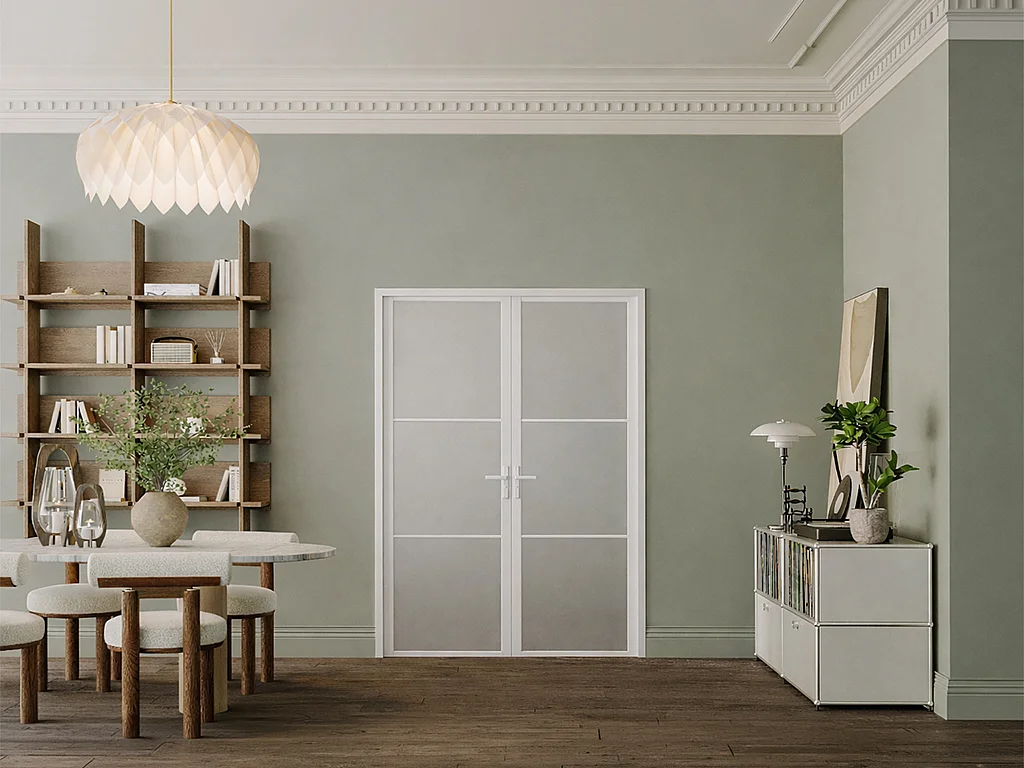 Odwracalny blok drzwiowy dwuskrzydłowy z aluminium i matowego szkła – 2 x W204 x S73 cm – Biały – MASERU 4929969