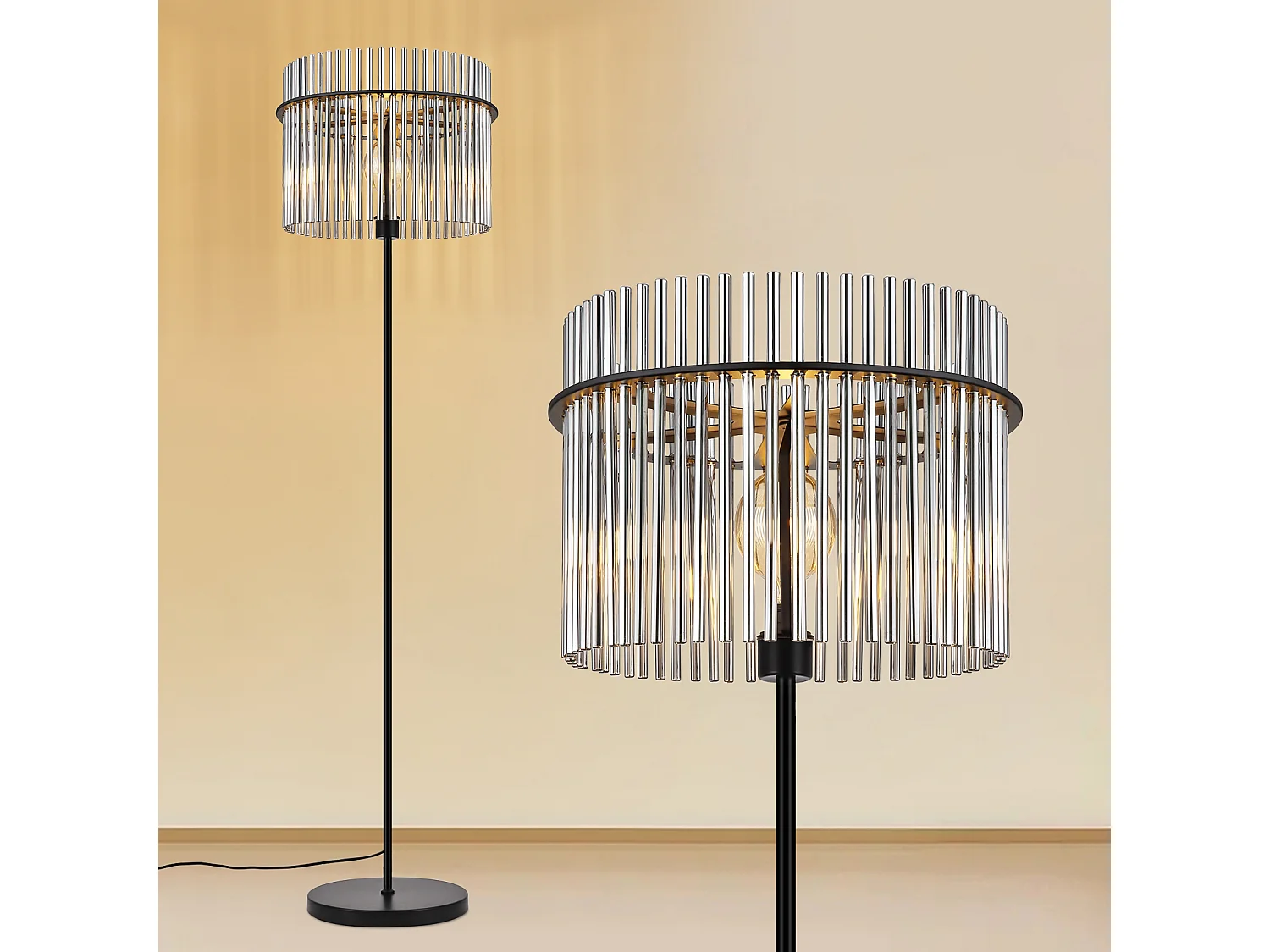 Czarna lampa podłogowa NETTLIFE z kloszem szklanym – lampa podłogowa E27 z włącznikiem nożnym, styl nowoczesny (żarówka nie jest dołączona) 4861021