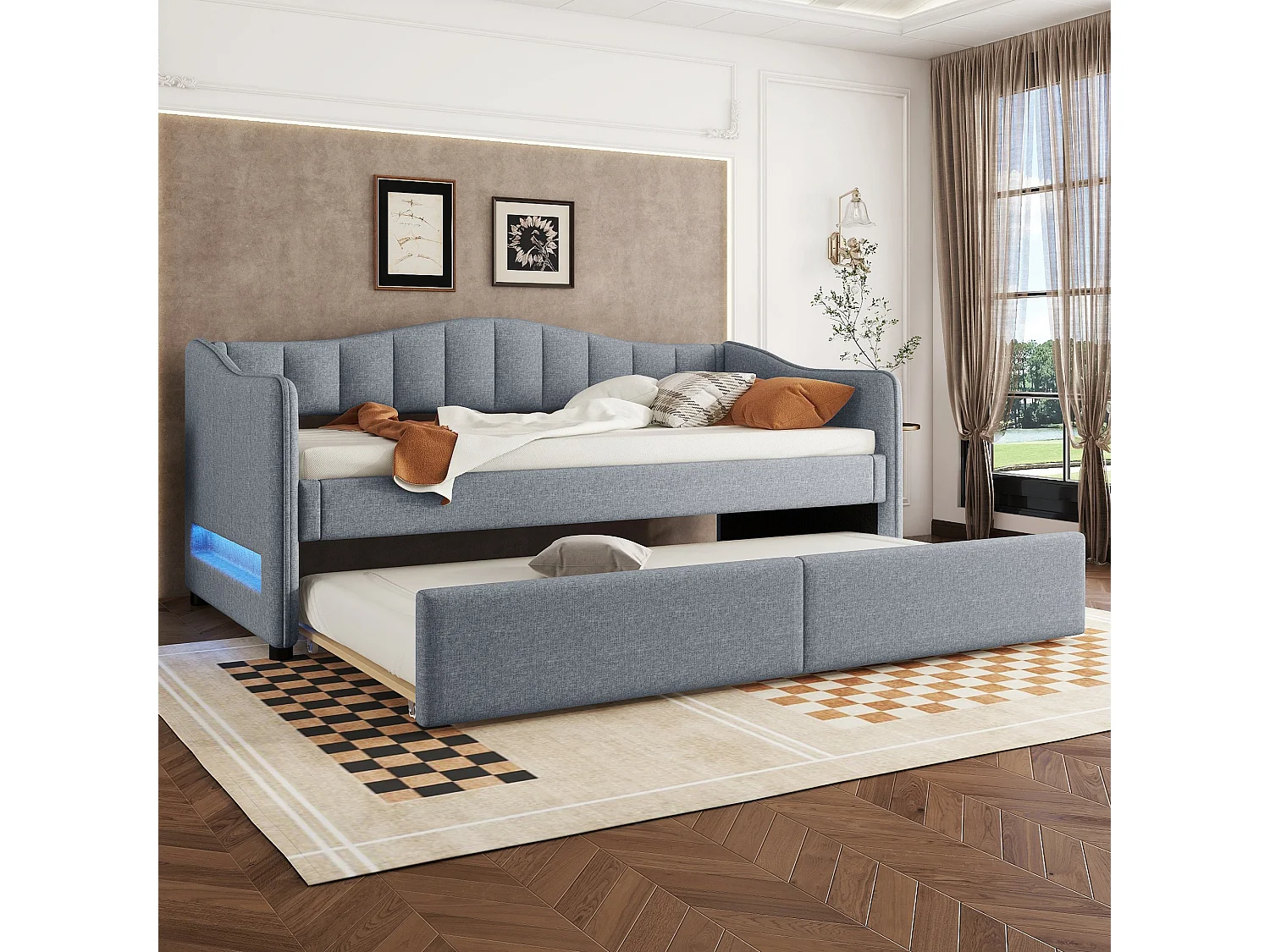 Łóżko wysuwane 90/180 x 200 cm z 2 szufladami – tkanina lniana – diody LED – kolor szary (materac nie jest wliczony w cenę) 3453619