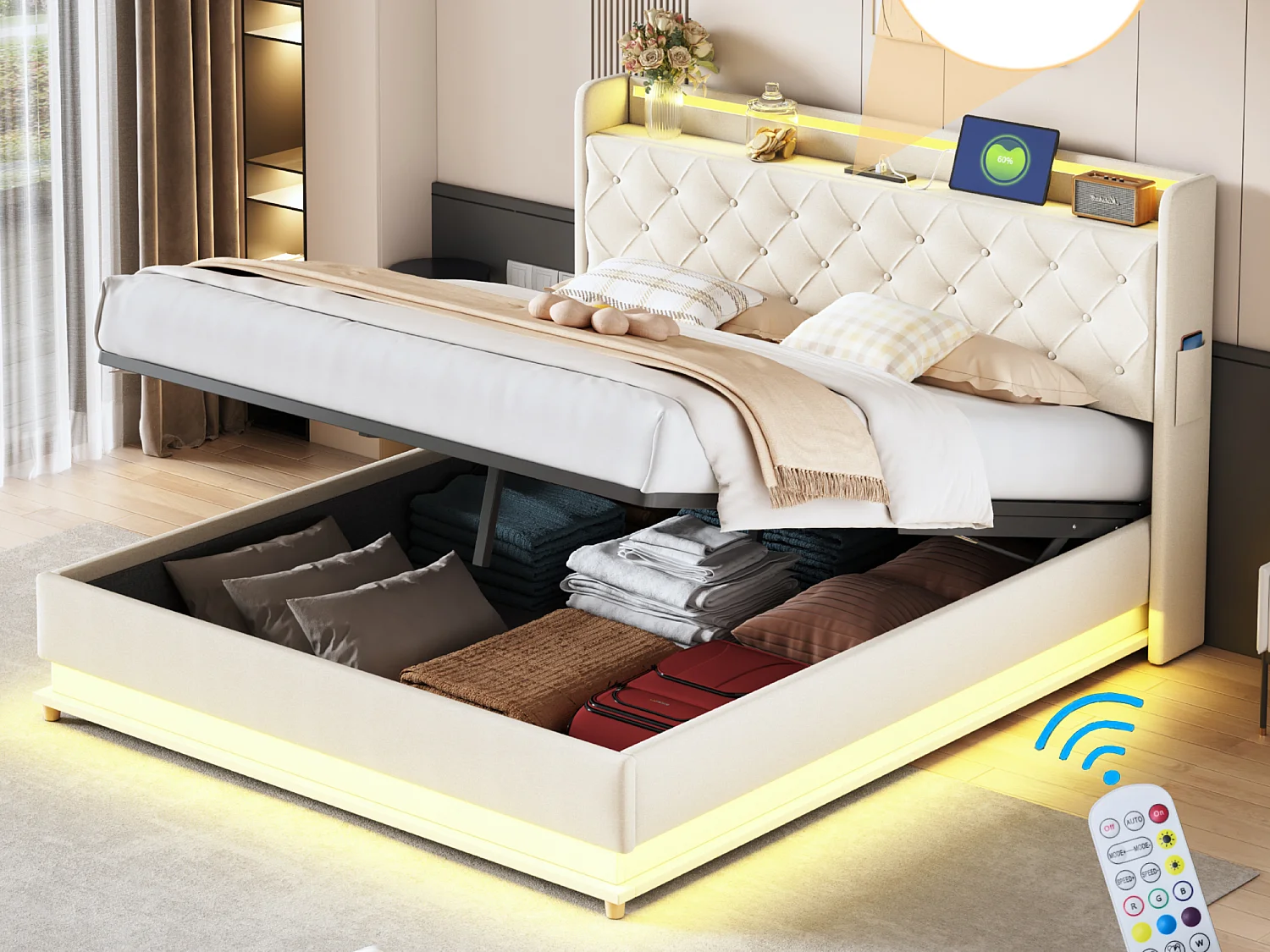 Łóżko ze schowkiem i zagłówkiem 160 x 200 cm - Port USB + LED - Tkanina lniana - w zestawie stelaż z listew - Beżowe 2865611 - obrazek 1