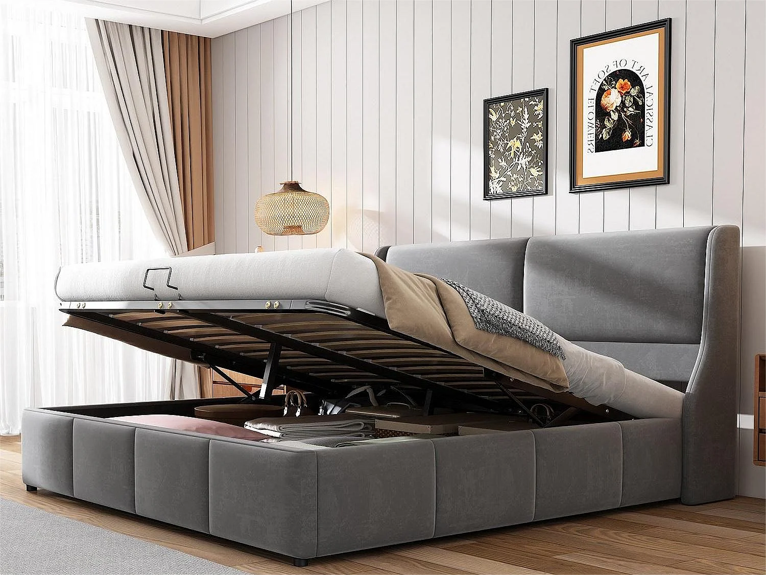 Łóżko ze schowkiem i zagłówkiem - 180 x 200 cm - aksamit - stelaż z listew - styl skandynawski - białe 1661501 - obrazek 1