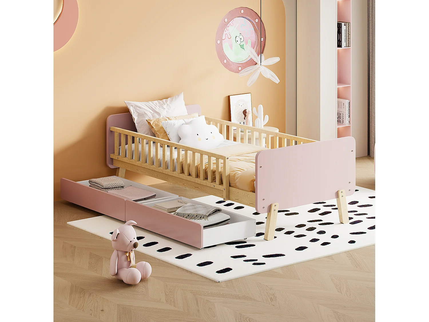 Łóżko z wezgłowiem 90 x 190 cm z 2 szufladami – Drewno lite – Stelaż z listew – Kolor różowy + dąb 2865547