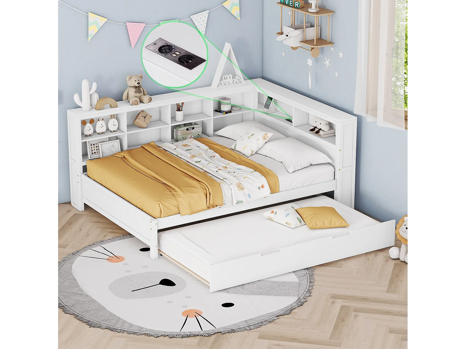 Łóżko wysuwane 140 x 200 cm + 90 x 190 cm z portem USB i regałem na książki – Drewno lite – Białe (bez materaca) 3453608