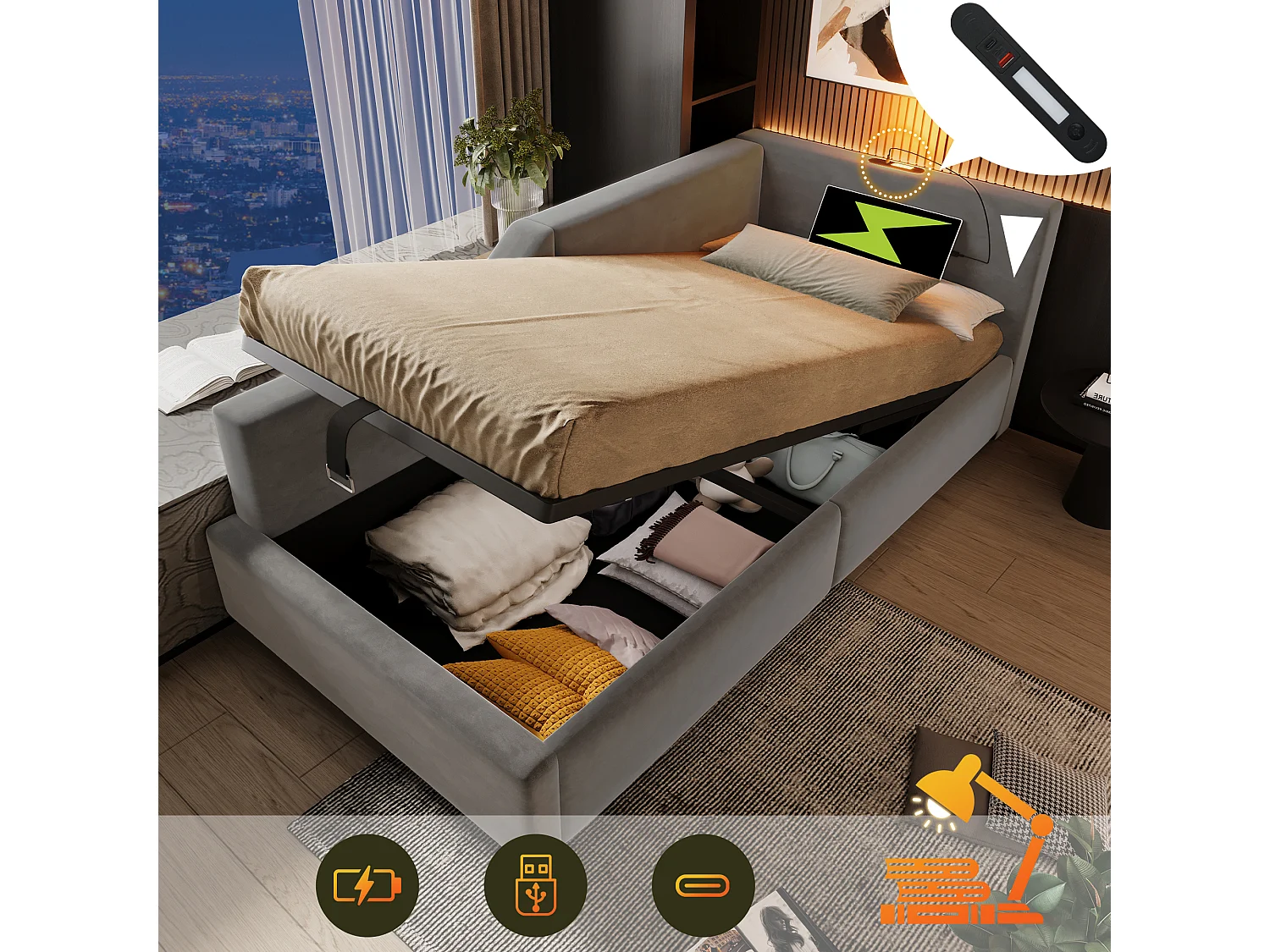 Łóżko ze schowkiem 90 x 200 cm, sofa rozkładana z lampką do czytania i gniazdem USB-C - Aksamit - Szary (bez materaca) 3508876 - obrazek 1