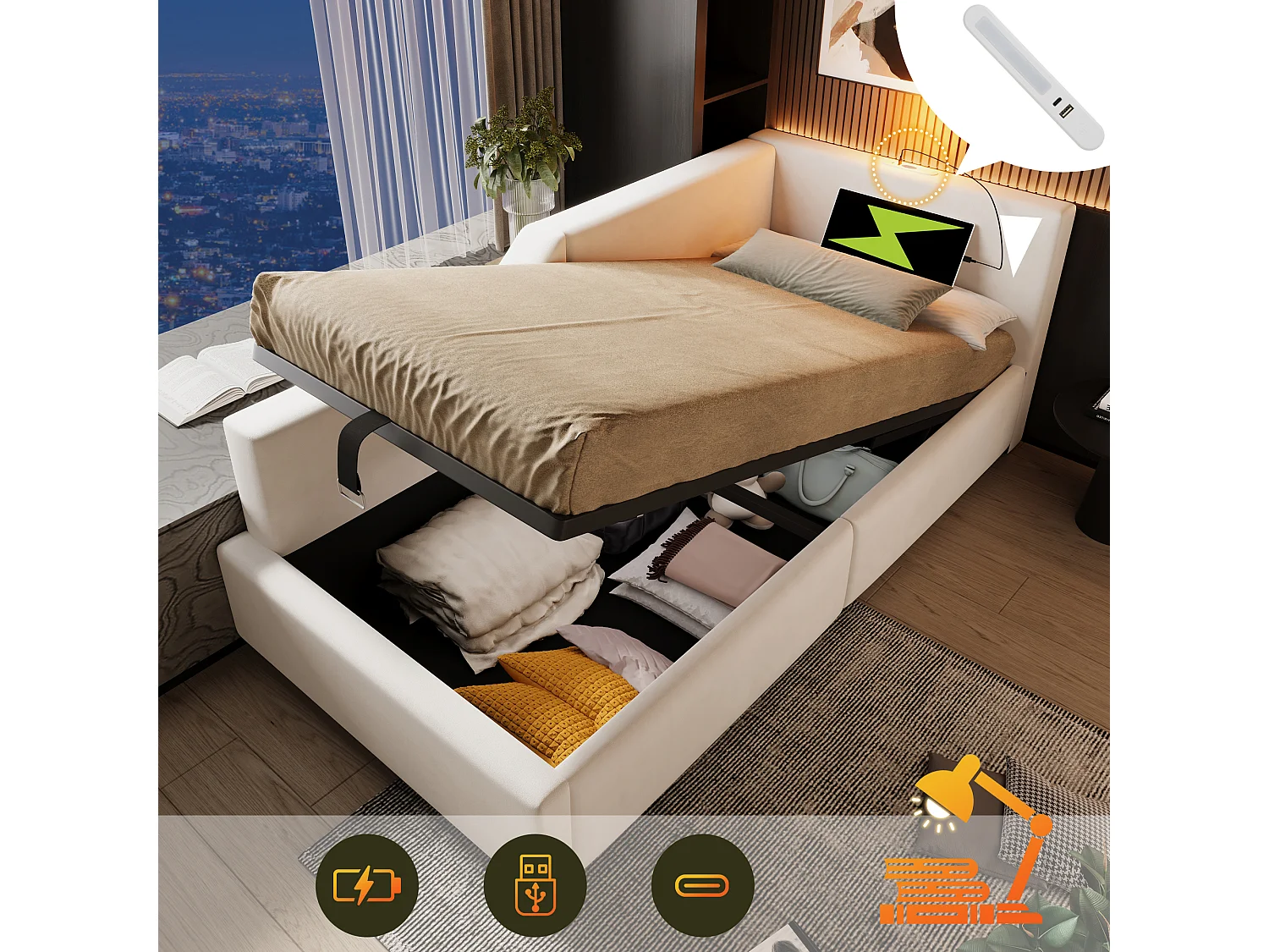 Łóżko ze schowkiem 90 x 190 cm, sofa rozkładana z lampką do czytania i gniazdem USB-C - Aksamit - Beż (bez materaca) 3508878 - obrazek 1