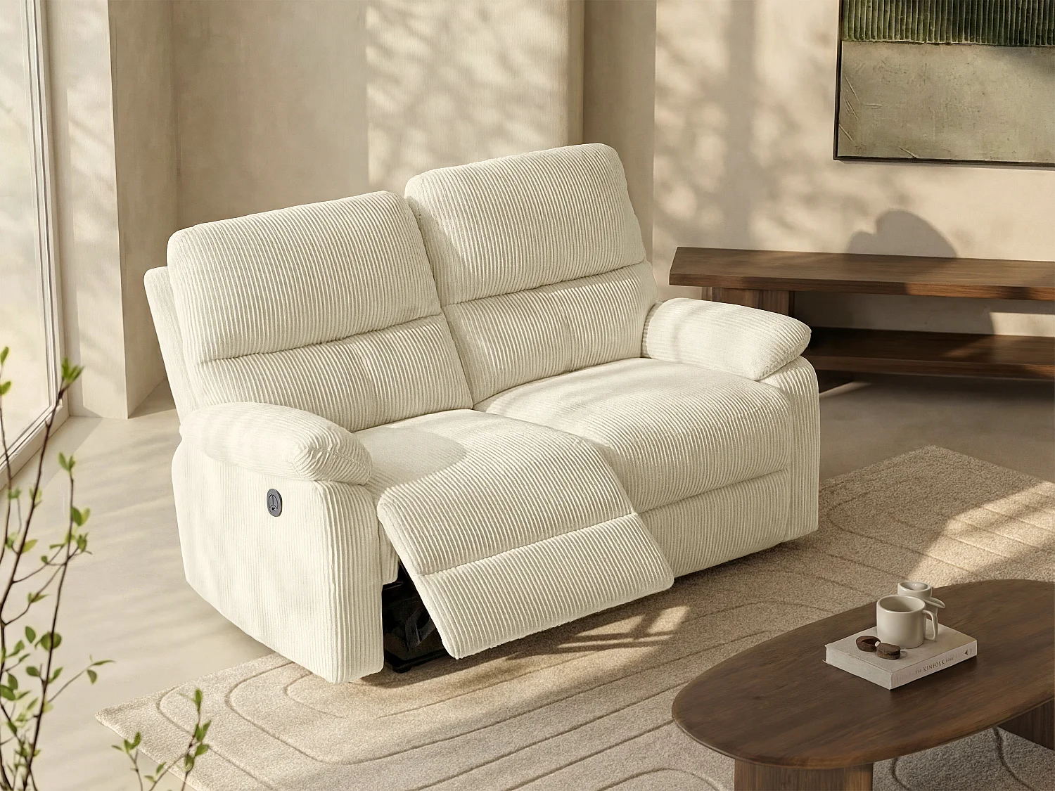 Kanapa 2-osobowa z elektryczną funkcją relax z beżowego sztruksu – LUNANO 3881233