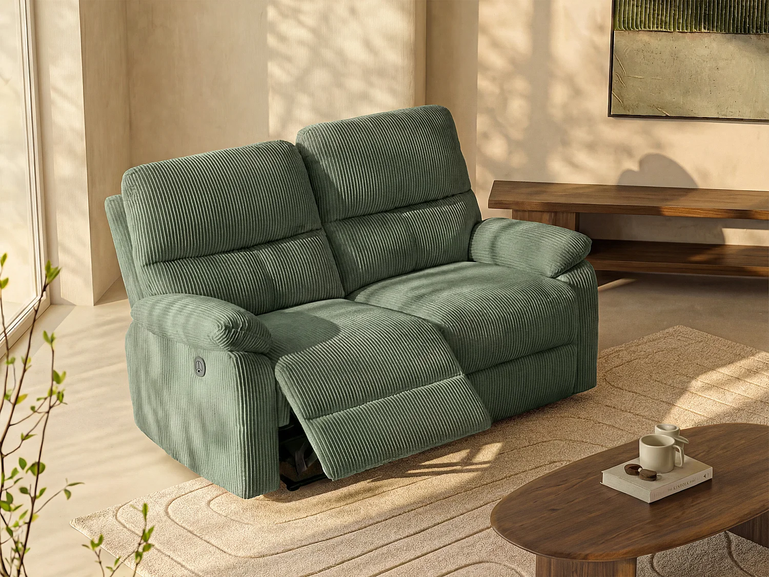 Kanapa 2-osobowa z elektryczną funkcją relax z zielonego sztruksu – LUNANO 3881236