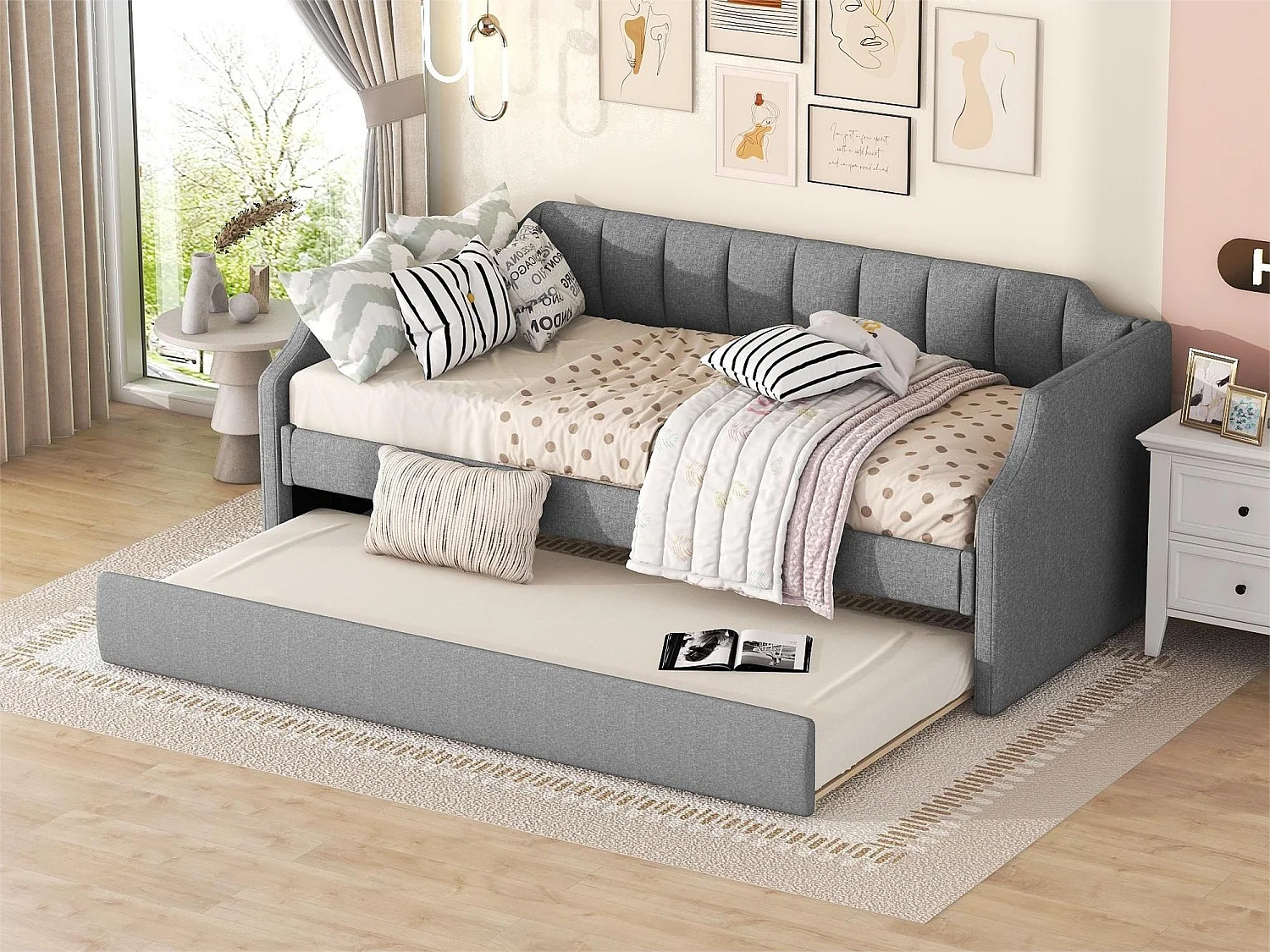 Łóżko wysuwane 90 x 200 cm i 90 x 190 cm – tkanina lniana – stelaż z listew – kolor szary 2025925