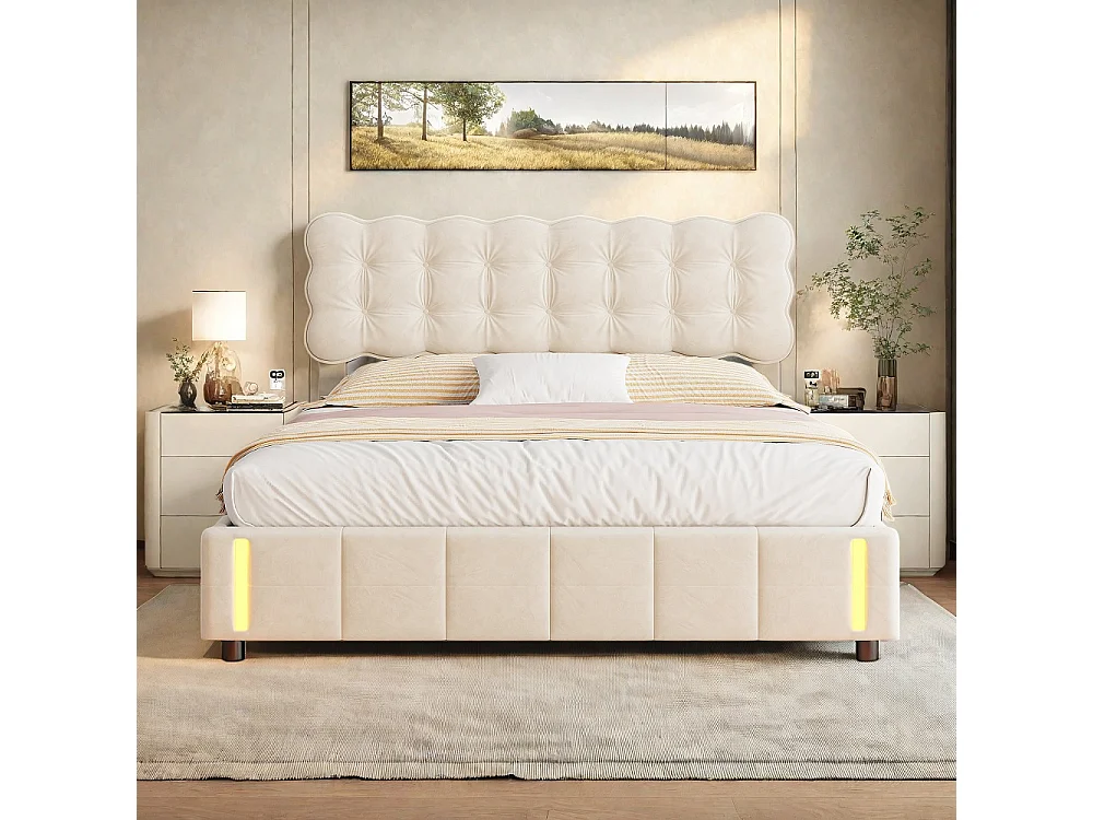 Łóżko z pojemnikiem dla dorosłych 140x200 cm kremowy biały aksamit z przechowywaniem, podnoszeniem hydraulicznym i wbudowanym oświetleniem LED 4226007 - obrazek 1