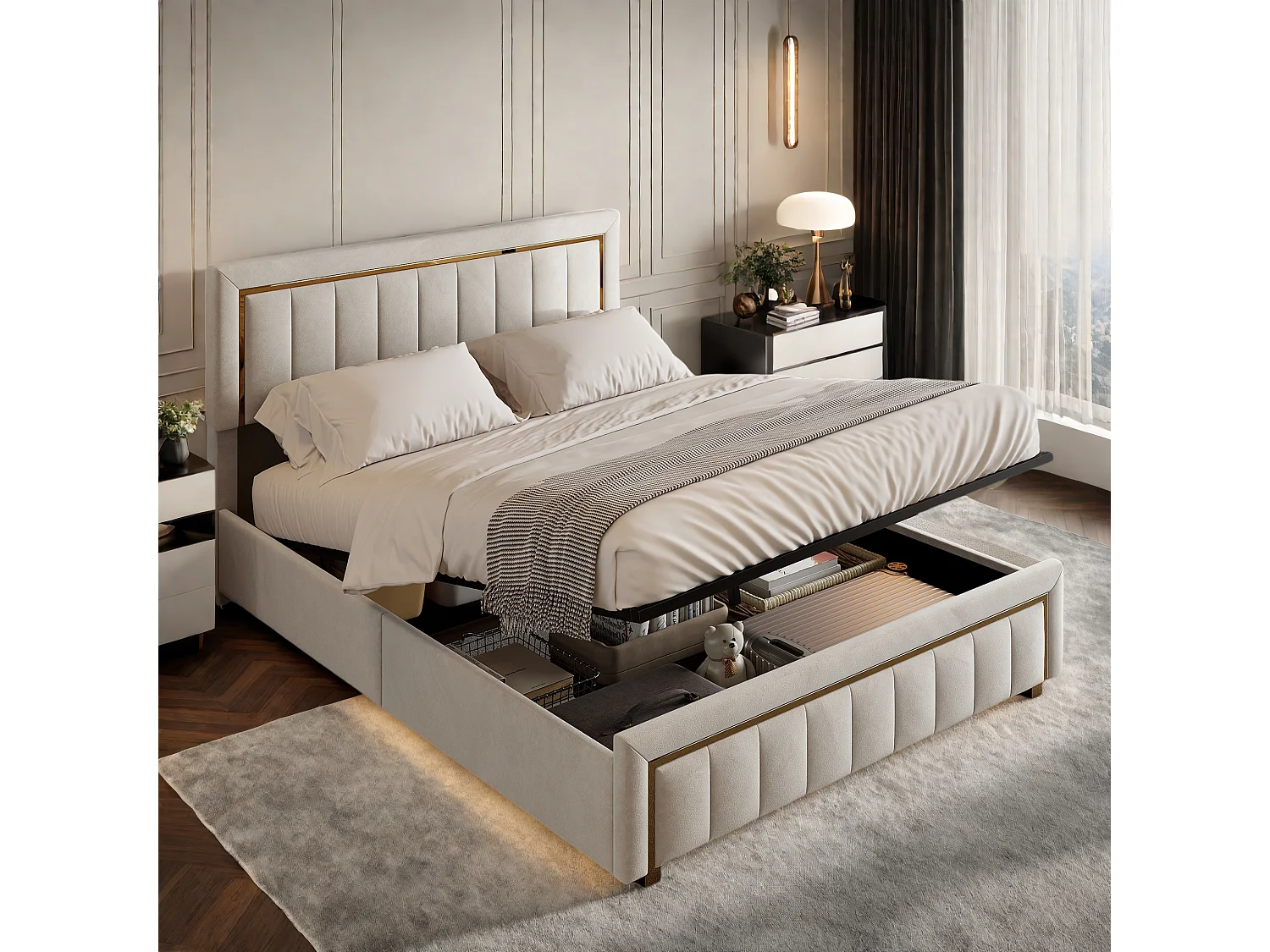 Łóżko z Pojemnikiem 160x200 cm Beżowy Aksamit z Pikowanym Zagłówkiem i Przechowywaniem, Współczesny Skandynawski Design, Nośność 250 kg, Bez Materaca 4225983 - obrazek 1