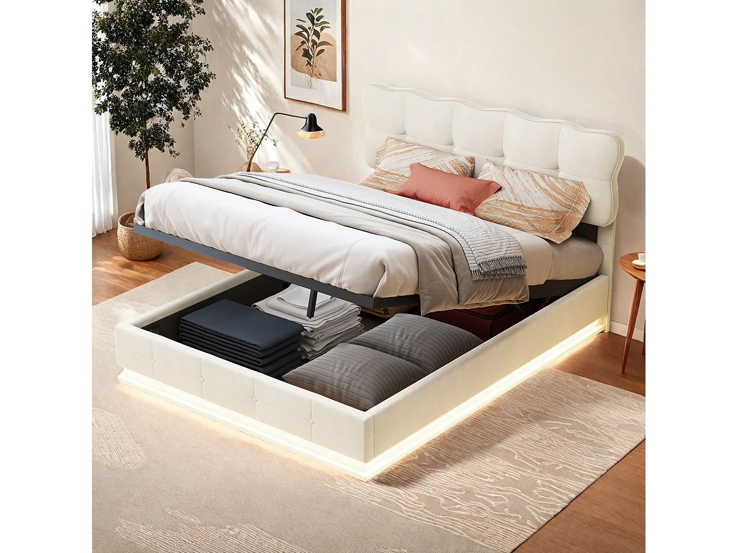 Łóżko z pojemnikiem dla dorosłych 140x190 cm z beżowego aksamitu z hydraulicznym schowkiem i wbudowanym oświetleniem LED 4226003 - obrazek 1