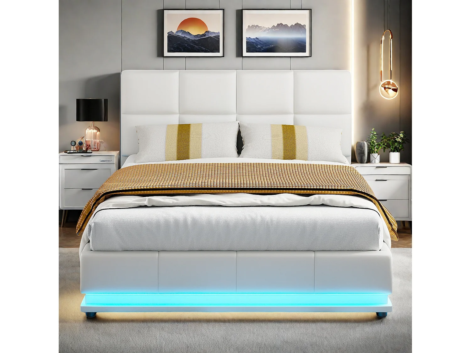 Łóżko z Szafą LED - Łóżko Dwuosobowe Dla Dorosłych 140x190 cm - Biały PU - Skrzynia Na Przechowywanie - Wliczony Stelaż 4225998 - obrazek 1