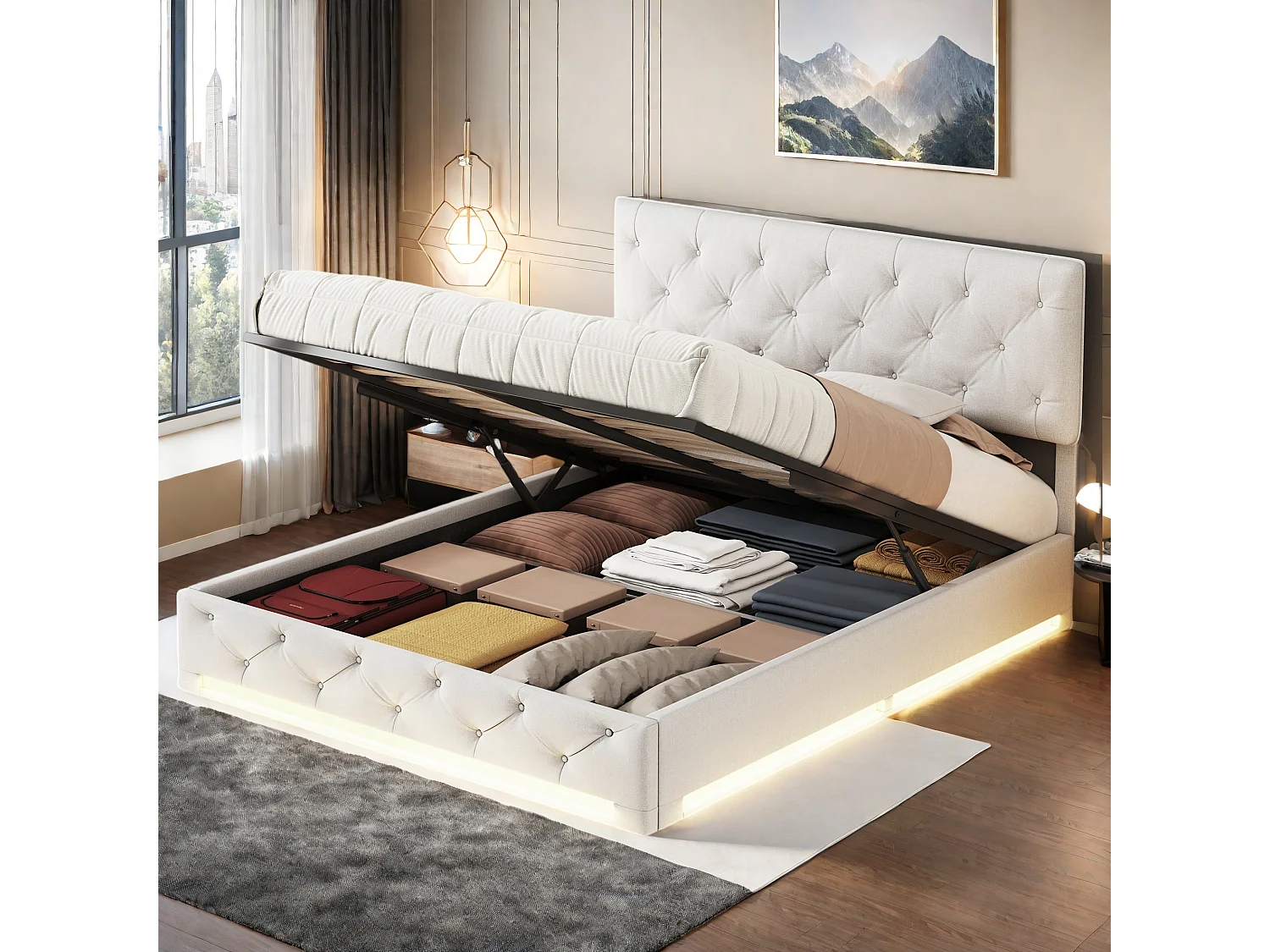 Beżowe łóżko tapicerowane Lin 140×200 cm z oświetleniem LED, regulowaną zagłówką, stylem skandynawskim 4226037