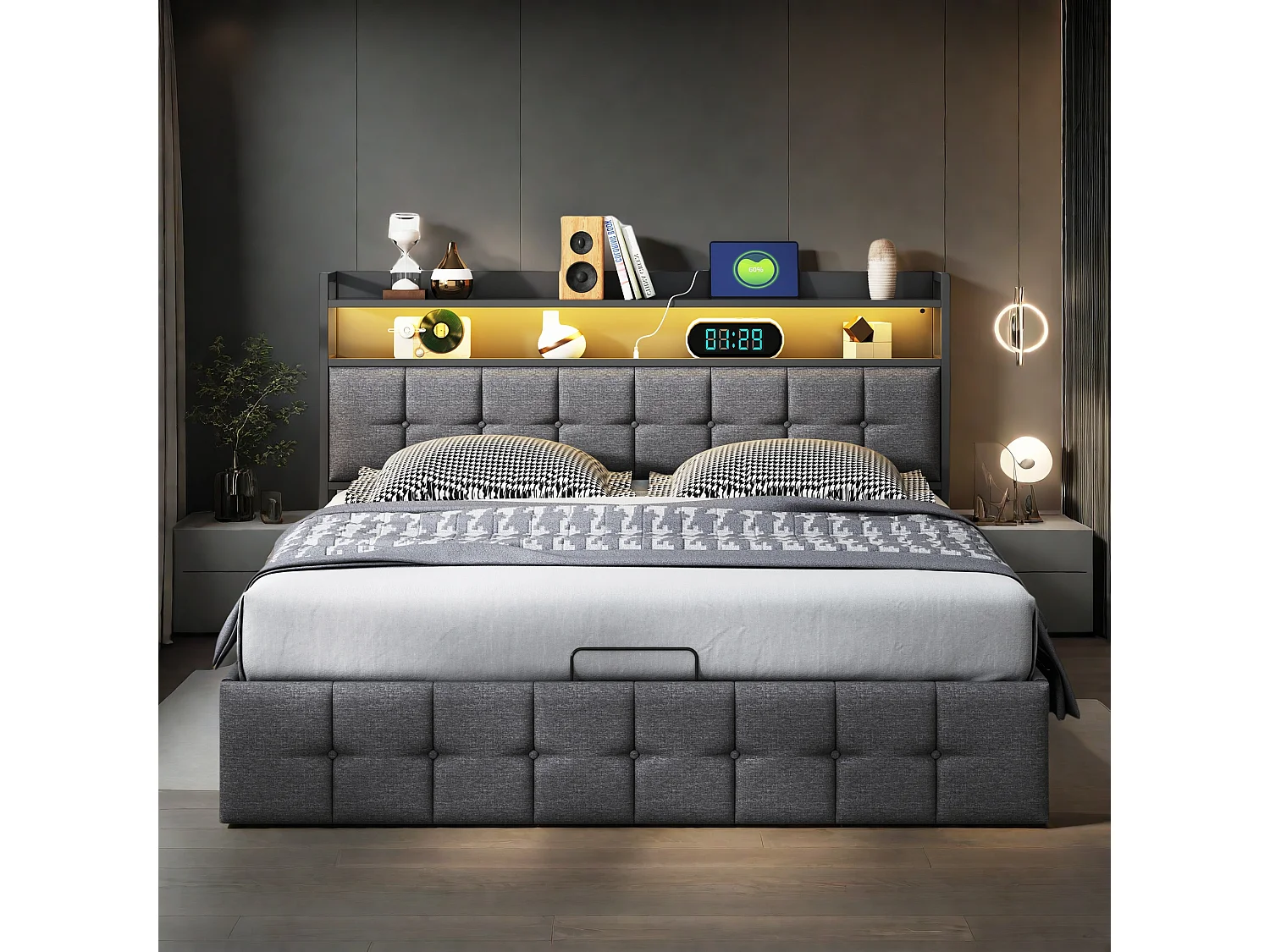 Łóżko z pojemnikiem 140x200 cm szare z LED, hydraulicznym schowkiem, wielofunkcyjnym zagłówkiem i stelażem – Styl skandynawski 4367871 - obrazek 1