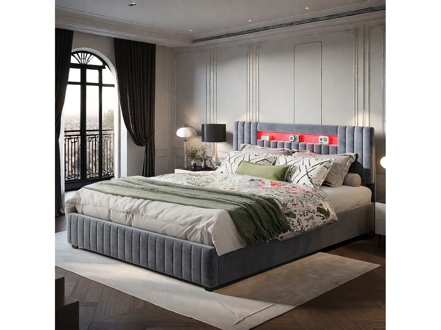 Eleganckie Szare Łóżko z Pojemnikiem z Weluru 160x200 cm z Zagłówkiem LED - System Podnoszenia na Gaz 4367887 - obrazek 1