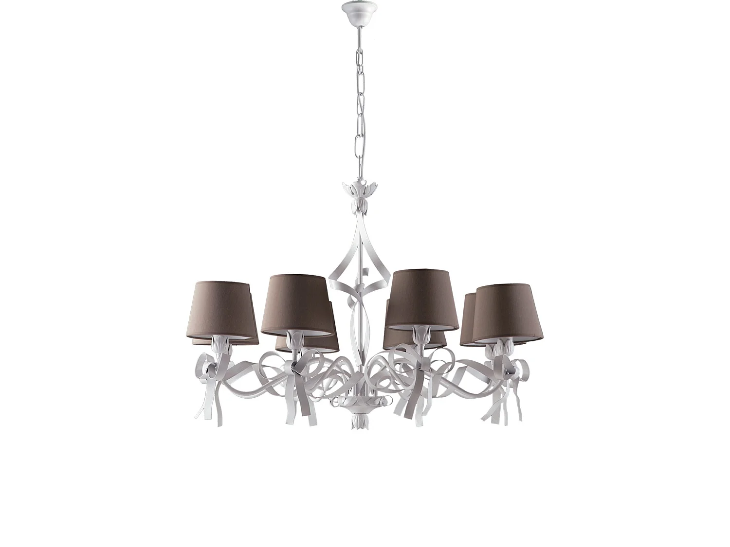 Lucy – Biały lakierowany żyrandol z żelaza z dekoracją w stylu shabby chic i gołębioszarymi kloszami z tworzywa PVC, 8 lamp, 119 cm – Ø84 cm – BL184-8-BCO 3777834