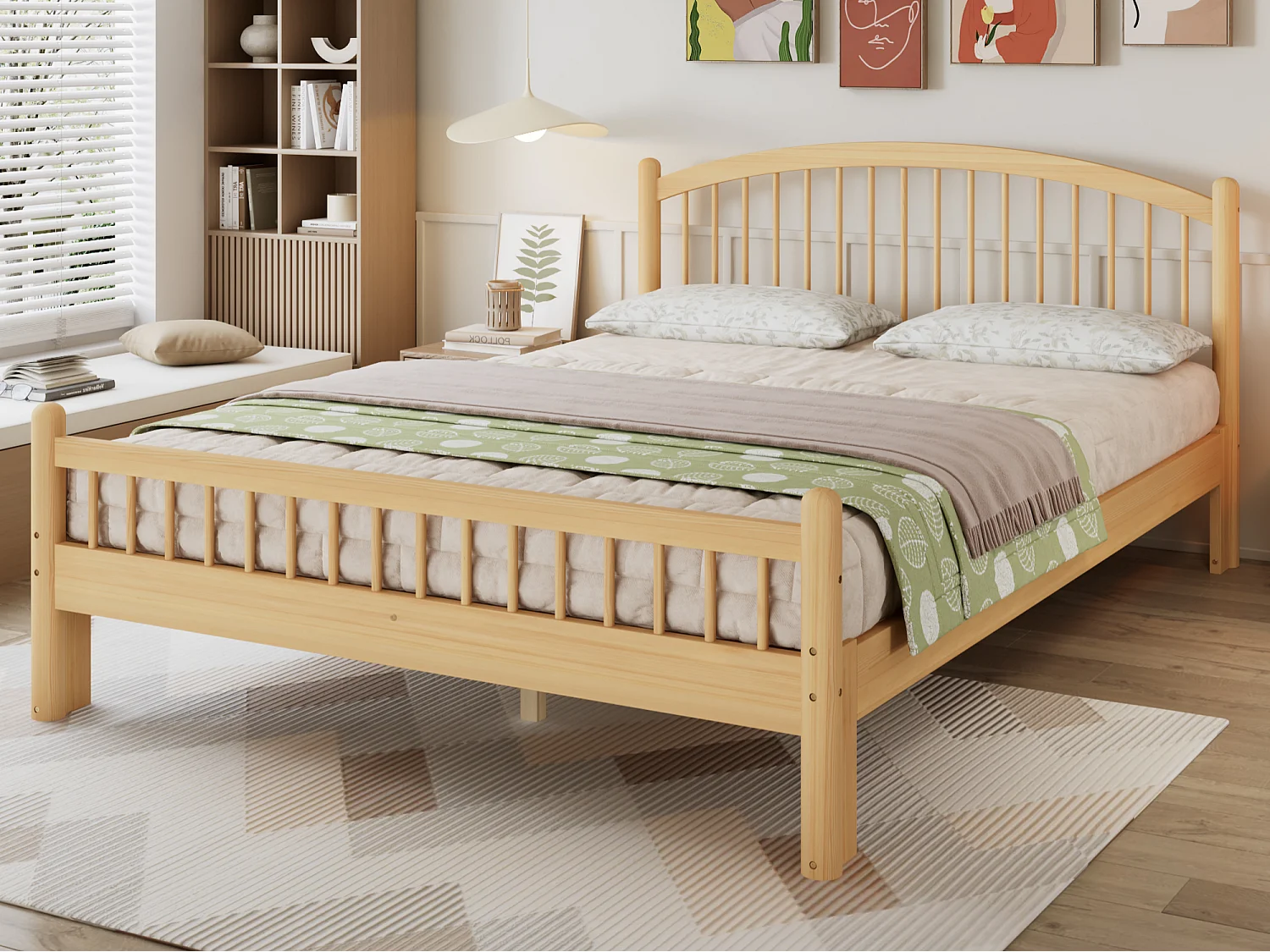 Drewniane łóżko pojedyncze 140×200 cm – zagłówek w klasyczne paski – ze stelażem listwowym – Naturalny 4964188