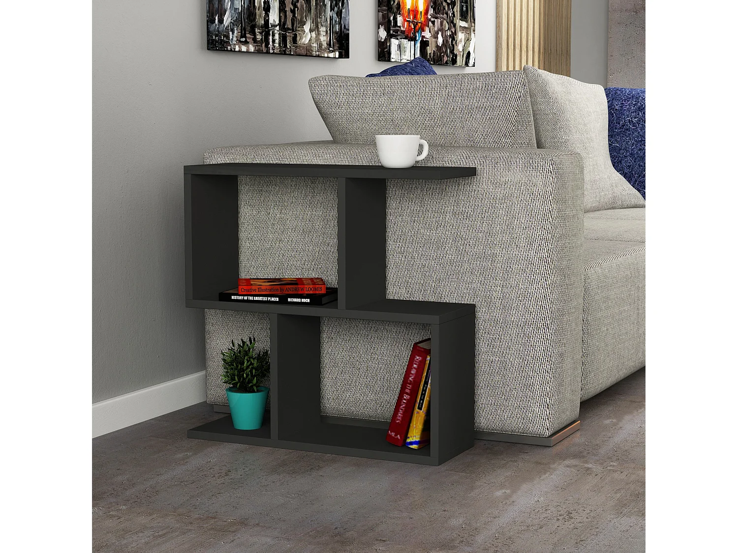 Drewniany stolik pomocniczy "Mania" antracyt 60x20x60 cm z 2 półkami, nowoczesny skandynawski design 4833317 - obrazek 1
