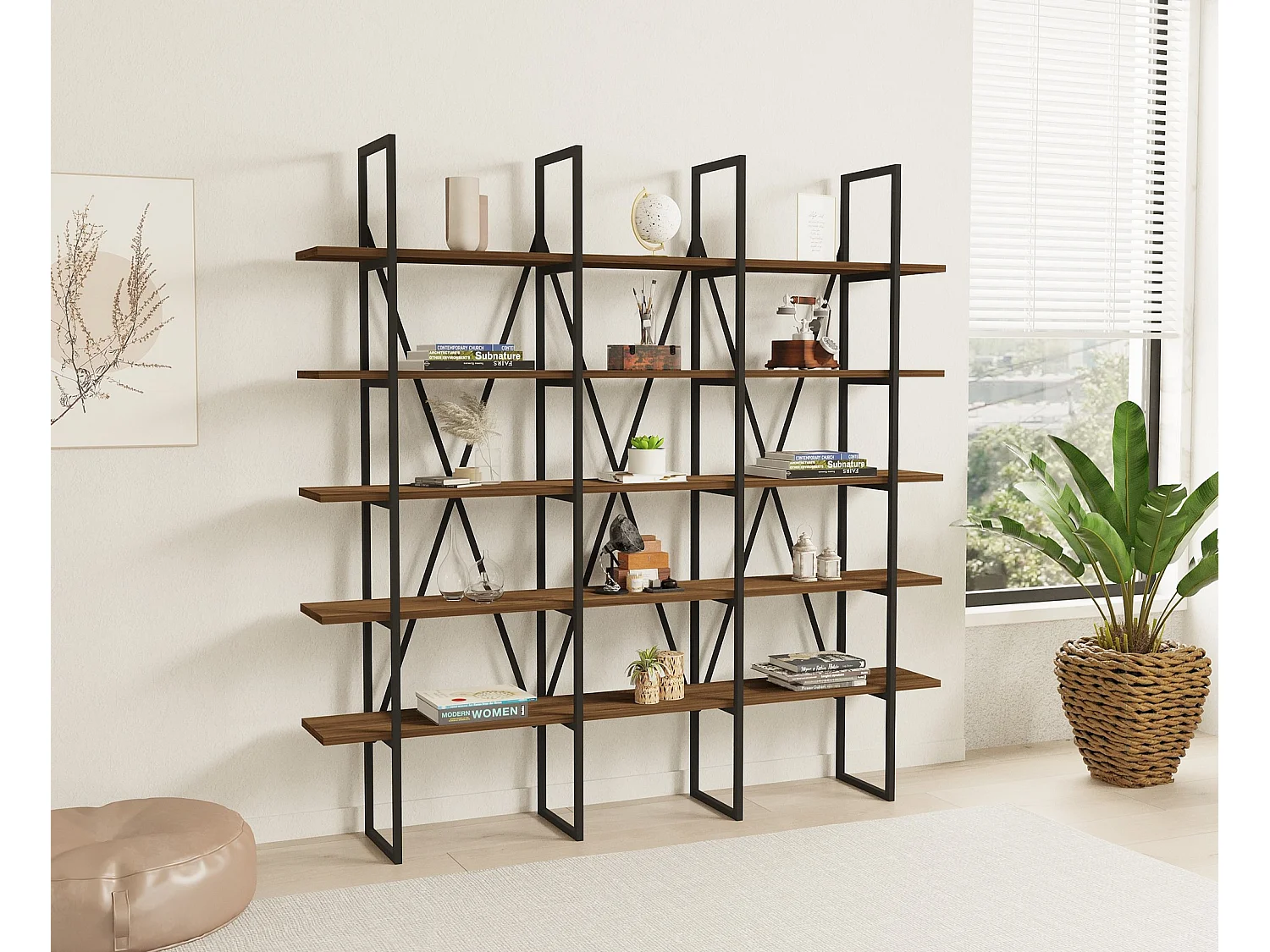 Drewniana Biblioteka NoyerNoir "Beylerbeyi" 160x26x160 cm - 5 Półek, Nowoczesny i Solidny Design 4836605 - obrazek 1