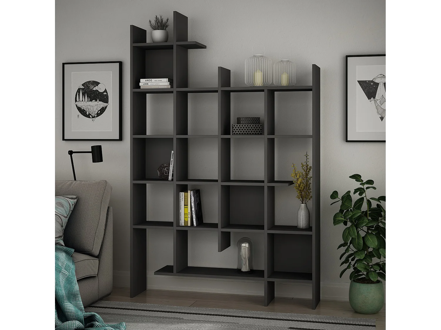 Drewniana biblioteka Manco antracyt 122x25x188 cm, 15 półek, nowoczesny i solidny design 4833665 - obrazek 1