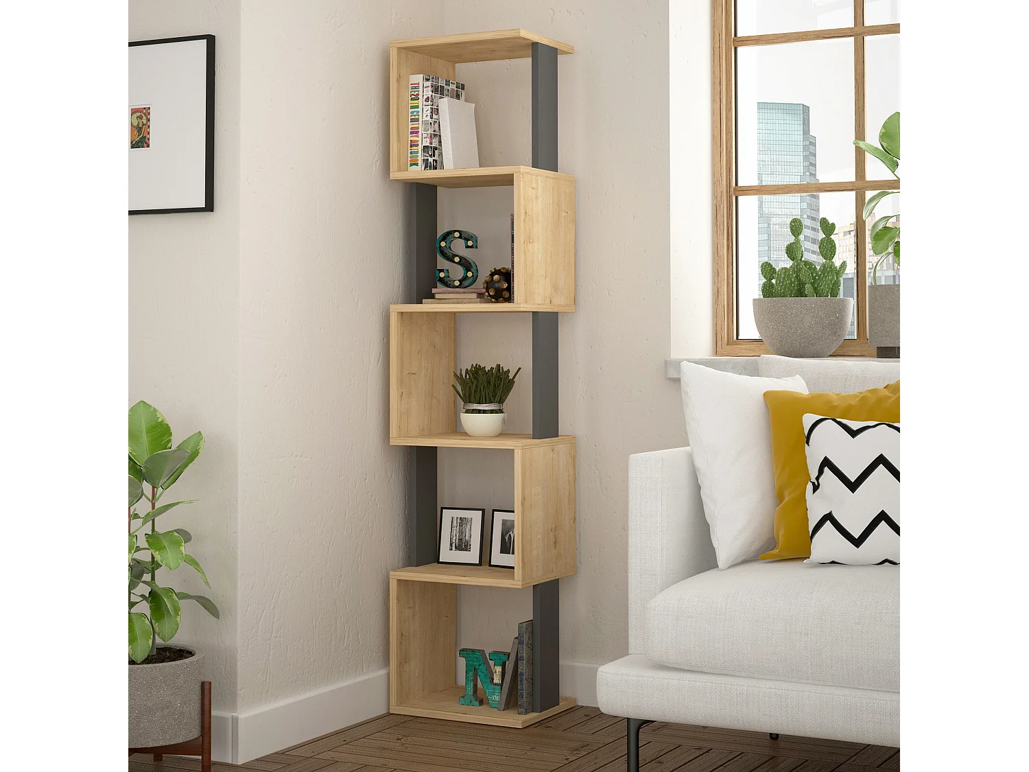 Drewniana biblioteka „Piri” 161 cm Sonoma dąb antracyt 5 półek, nowoczesny i solidny design 4833663