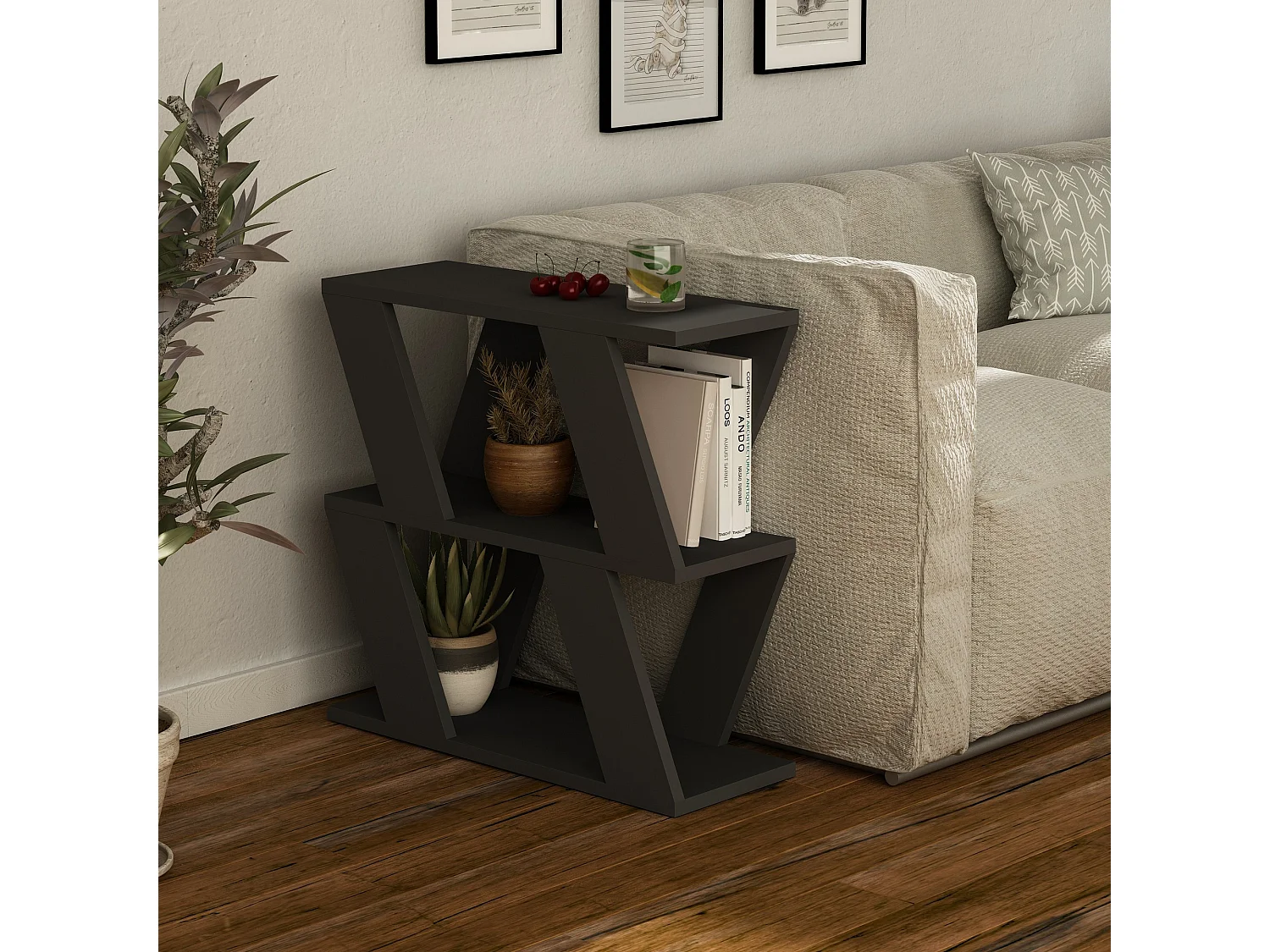 Drewniany stolik boczny Lazena antracytowy 60x22x57 cm z 2 półkami w stylu skandynawskim 4833331