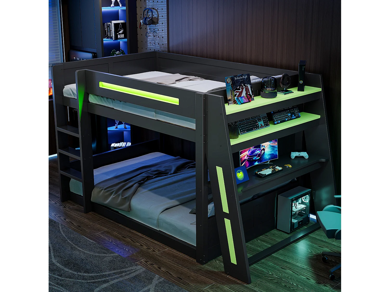 Drewniane łóżko piętrowe dla dzieci do gier – 140 x 200 cm – z biurkiem + półkami + USB + diodami LED – MDF – czarne 4983885
