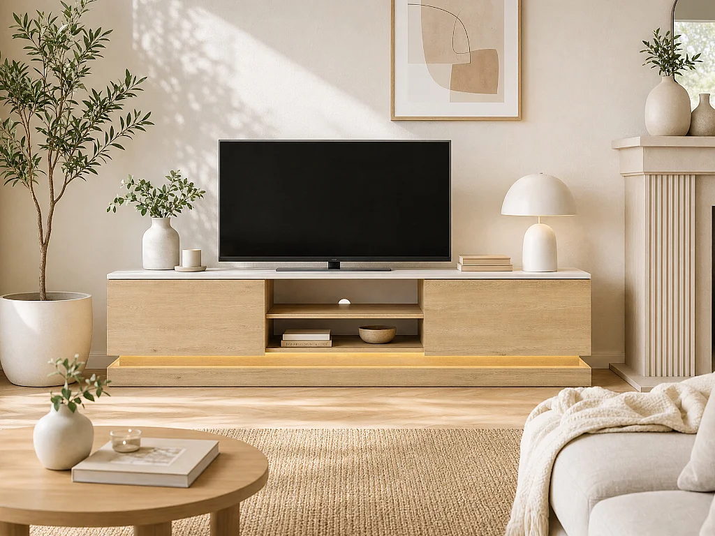 Szafka RTV 2 szuflady i 2 wnęki z LED z MDF - Jasny naturalny i efekt białego marmuru - DEVIKA 4912208 - obrazek 1