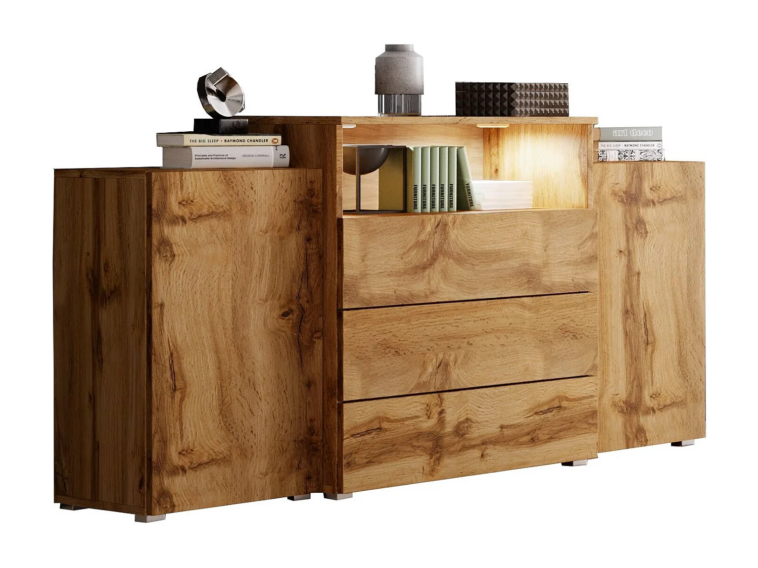 Komoda 150 cm mat do salonu – nowoczesna stojąca z 3 szufladami, wnęką i szafkami bocznymi wotan 4070284 - obrazek 1