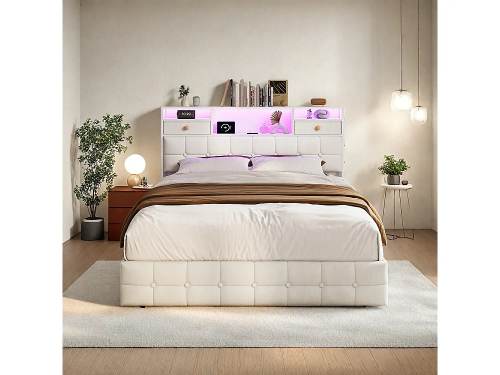 Łóżko z pojemnikiem hydraulicznym z oświetleniem LED - 160 x 200 cm - Port ładowania USB i 2 szuflady - Welur - Beżowy 4996894 - obrazek 1