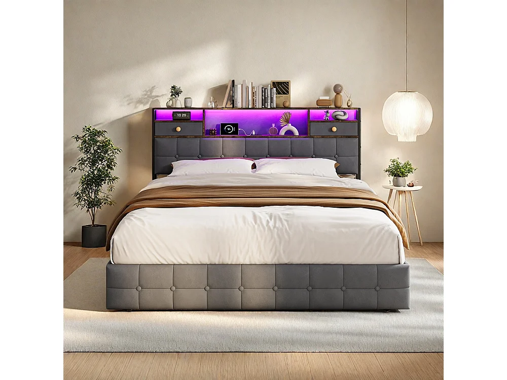 Łóżko z pojemnikiem hydraulicznym z oświetleniem LED - 140 x 200 cm - Port ładowania USB i 2 szuflady - Aksamit - Szary 4996891 - obrazek 1