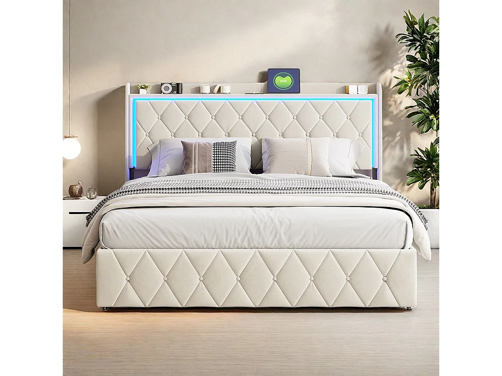 Łóżko z pojemnikiem hydraulicznym - 140 x 190 cm - Design rombów Rivet z oświetleniem LED i przestrzenią do przechowywania - Aksamit - Beżowy 4996903 - obrazek 1