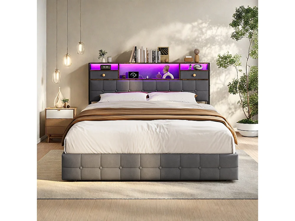 Łóżko z pojemnikiem hydraulicznym z oświetleniem LED, portem ładowania USB i 2 szufladami - Welur - Szare 160 x 200cm 4996898 - obrazek 1