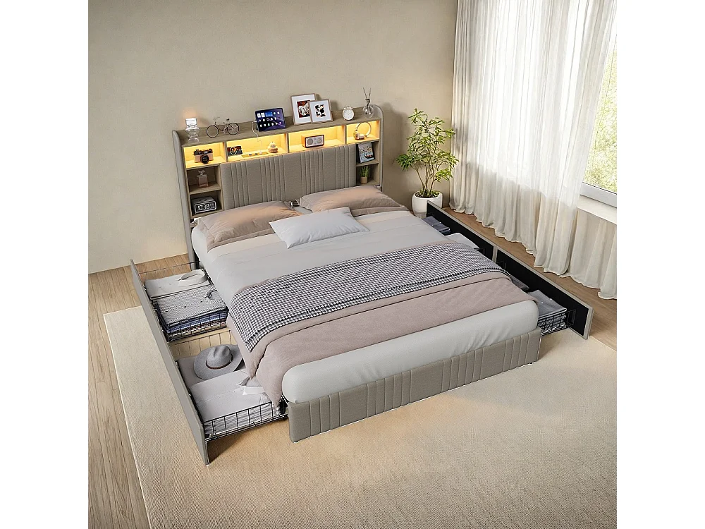Łóżko z pojemnikiem LED - 140 x 200 cm - 4 szuflady i stacja ładowania - Len - Beżowy 4996951 - obrazek 1